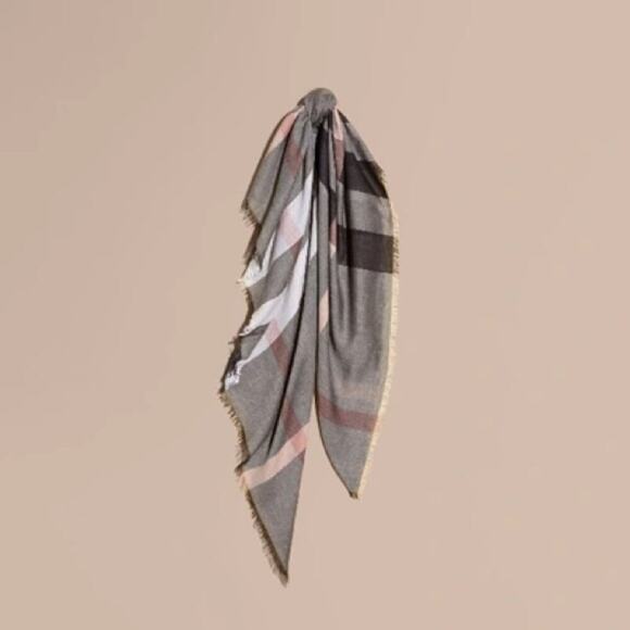 Burberry Plaid Patterned Scarf - Gray and Pink - Picture 1 of 9